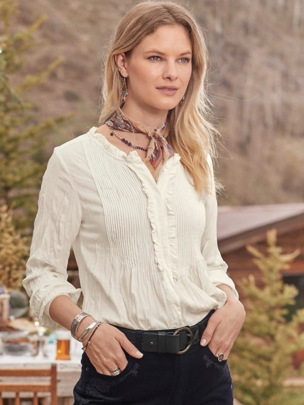 Sundance Sera Ruffled Blouse Ivory Creme Button Down Long Sleeve Size Large